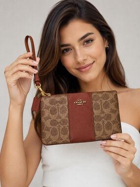 Coach Brown Signature Wristlet with Leather Center Panel